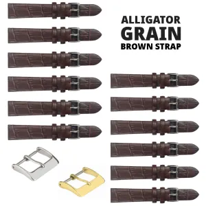 12PCS BROWN Leather Flat Unstitched Alligator Grain Watch Band Sizes 12MM-24MM