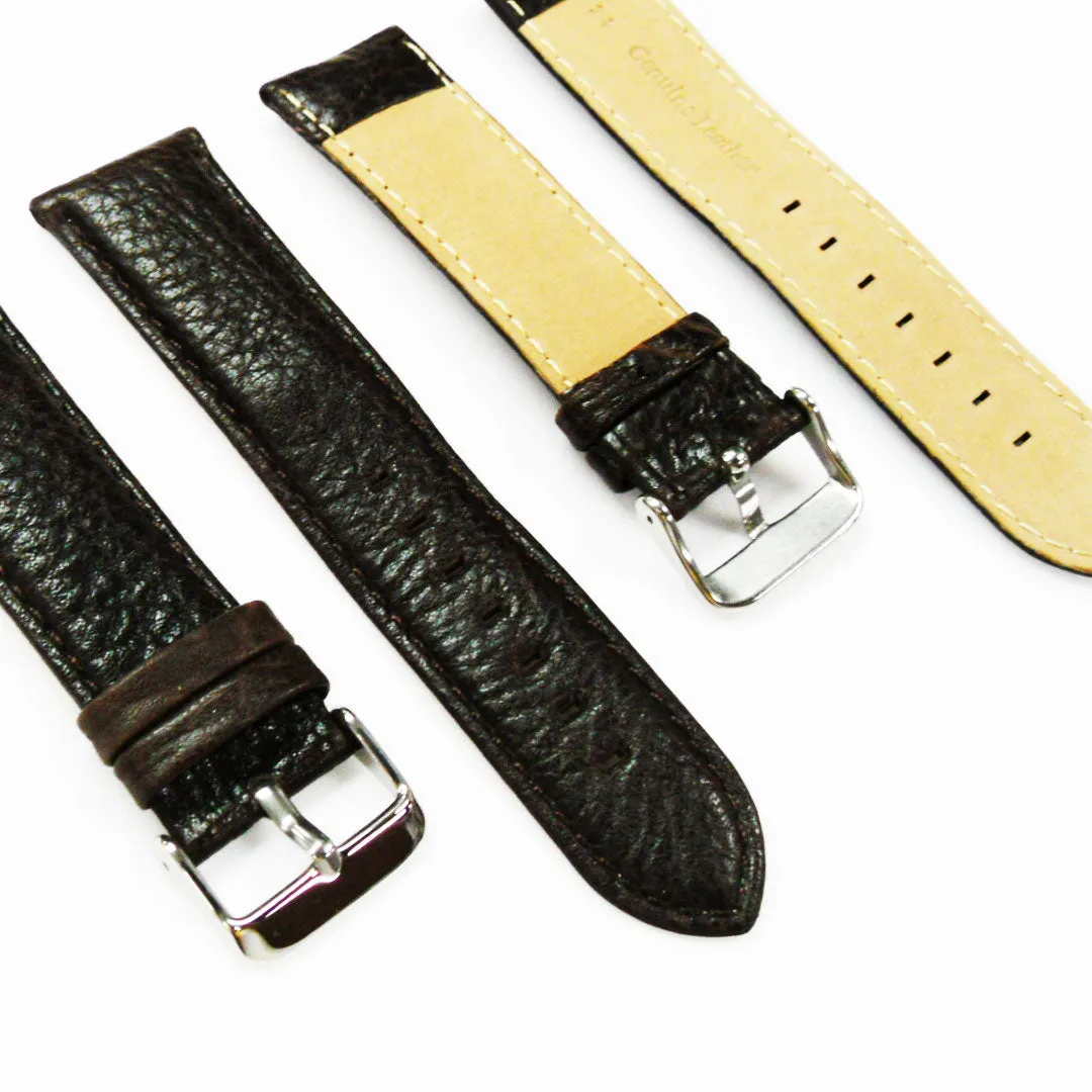 24MM Leather Watch Band Dark Brown with Grain Padded Brown and White Stitched Regular Size Strap Replacement With Silver Buckle