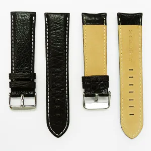 24MM Leather Watch Band Dark Brown with Grain Padded Brown and White Stitched Regular Size Strap Replacement With Silver Buckle