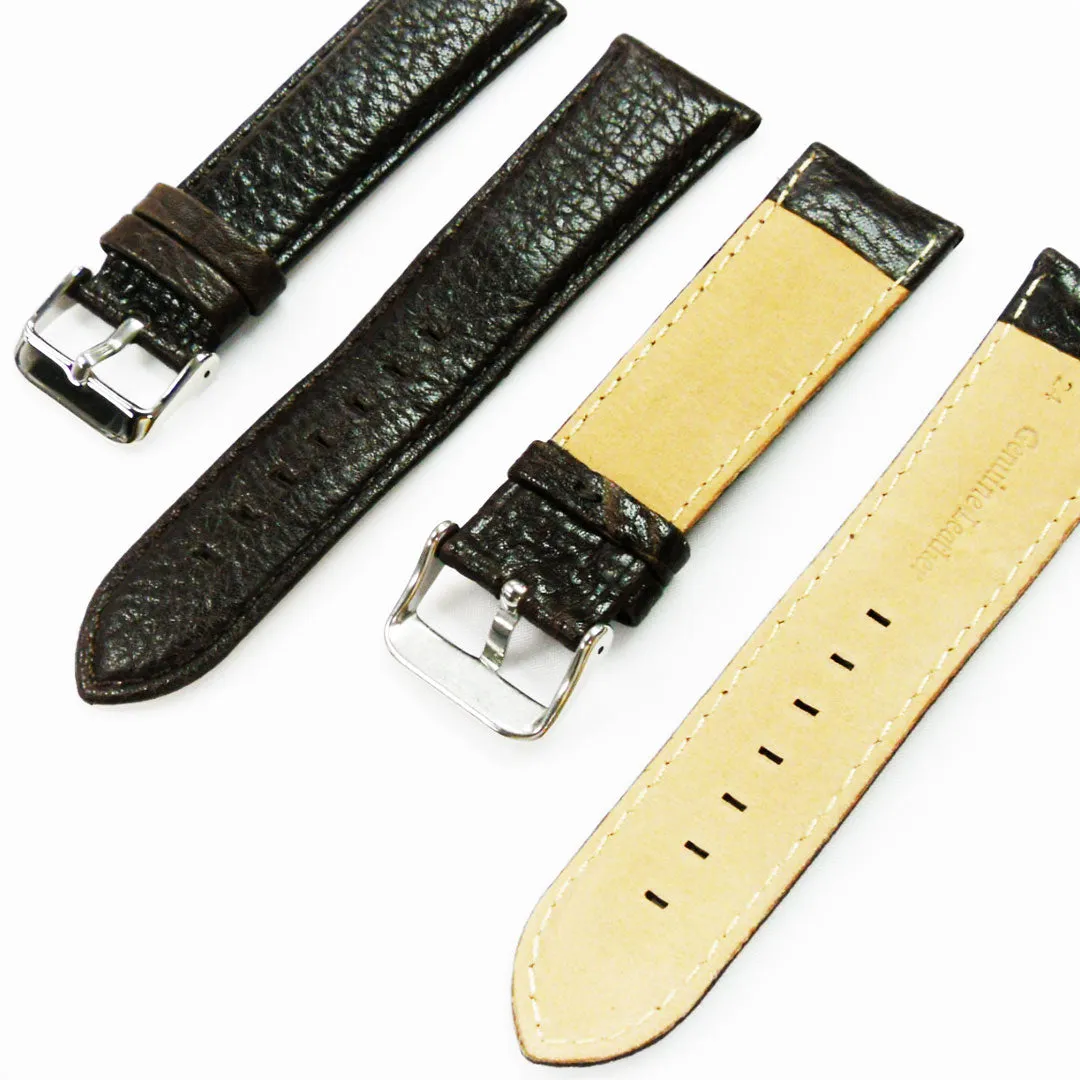 24MM Leather Watch Band Dark Brown with Grain Padded Brown and White Stitched Regular Size Strap Replacement With Silver Buckle