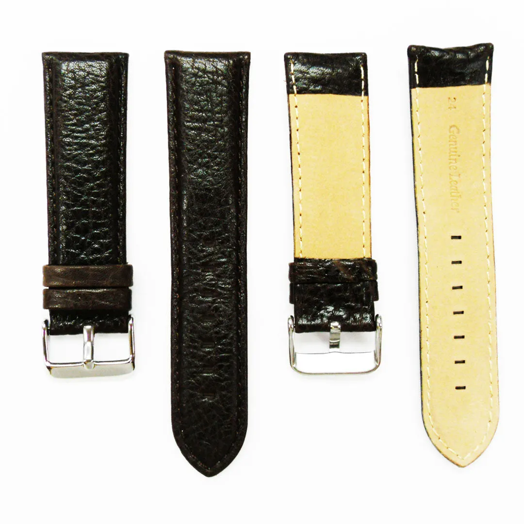 24MM Leather Watch Band Dark Brown with Grain Padded Brown and White Stitched Regular Size Strap Replacement With Silver Buckle