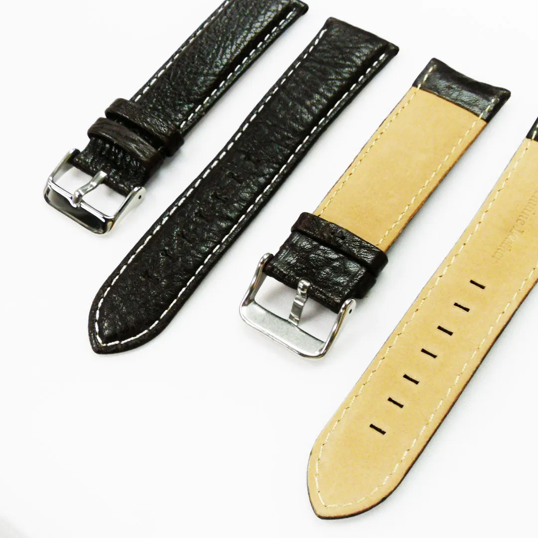 24MM Leather Watch Band Dark Brown with Grain Padded Brown and White Stitched Regular Size Strap Replacement With Silver Buckle