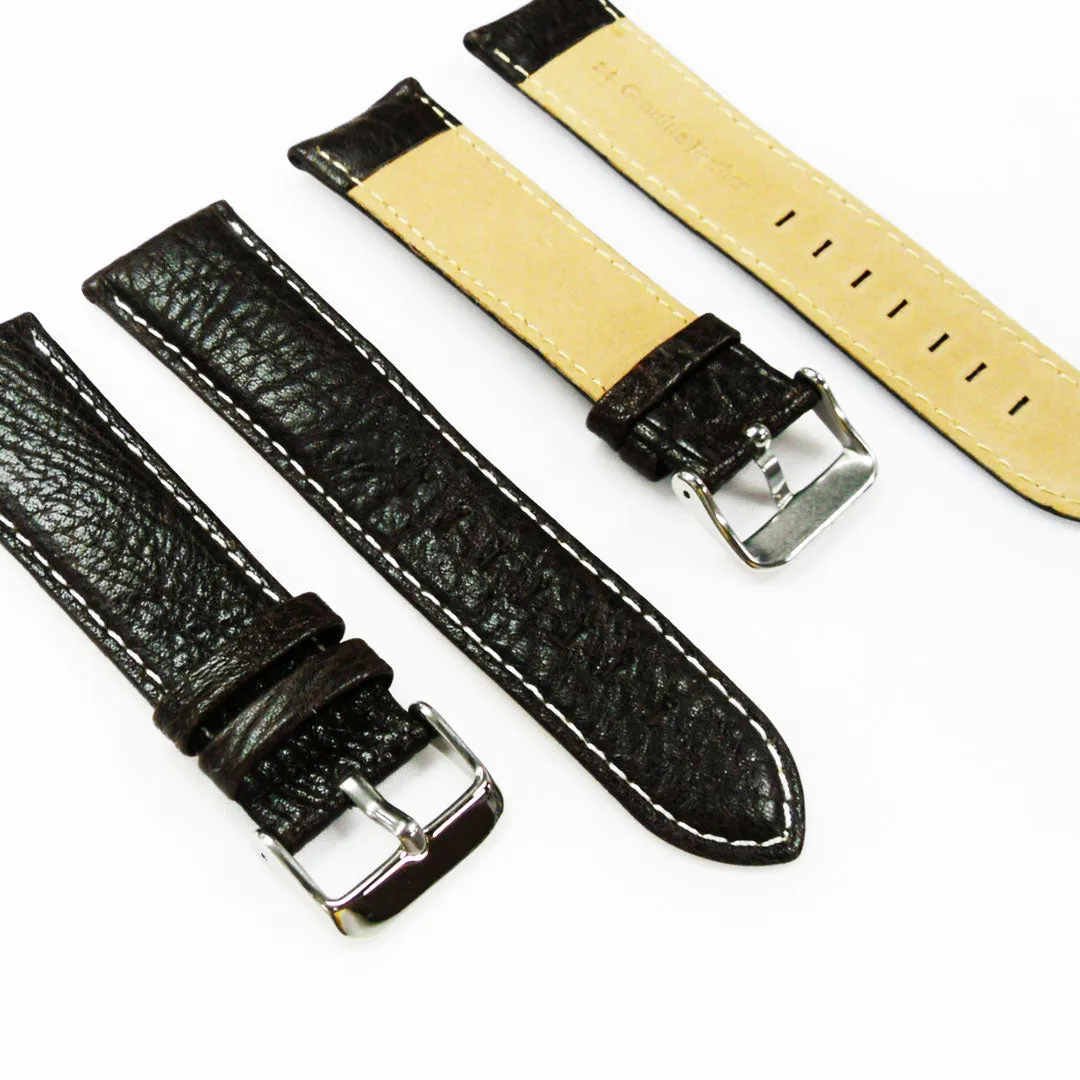 24MM Leather Watch Band Dark Brown with Grain Padded Brown and White Stitched Regular Size Strap Replacement With Silver Buckle