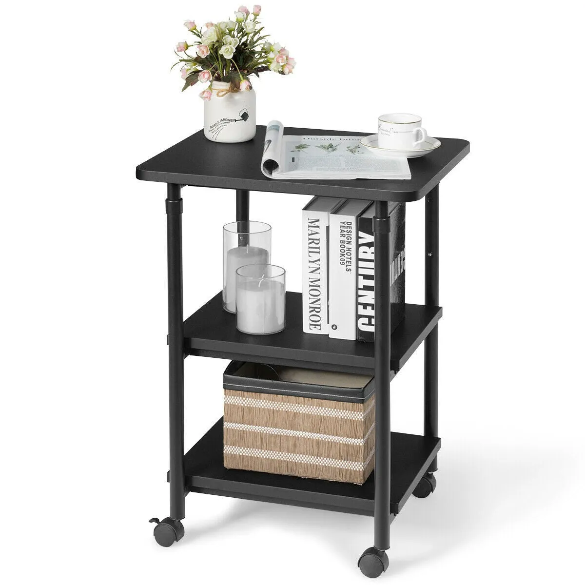 3-tier Adjustable Printer Stand with 360-degree Swivel Casters - Black