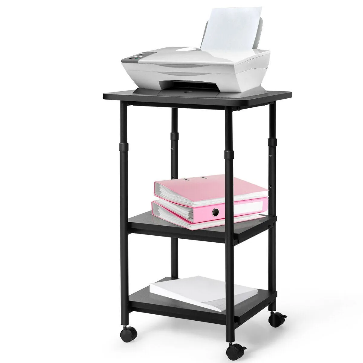 3-tier Adjustable Printer Stand with 360-degree Swivel Casters - Black