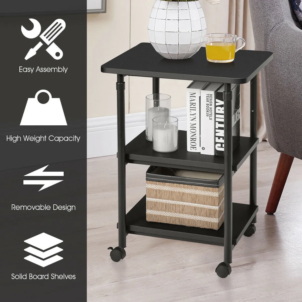 3-tier Adjustable Printer Stand with 360-degree Swivel Casters - Black