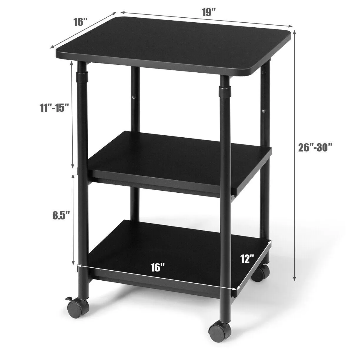 3-tier Adjustable Printer Stand with 360-degree Swivel Casters - Black