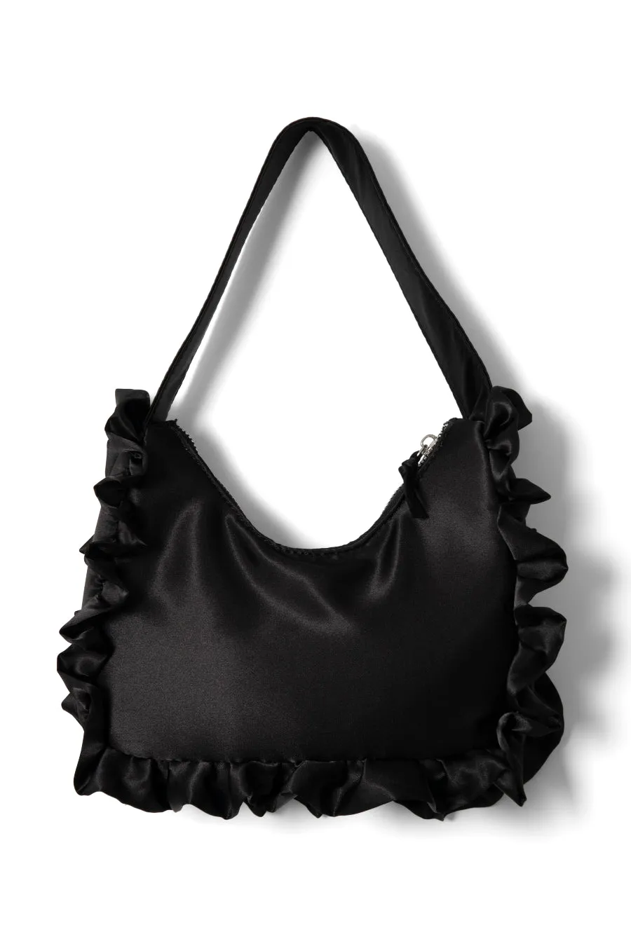 90s frill shoulder bag in satin - black