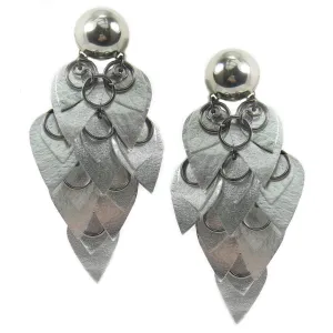 #990e Silver Leather Scales & Metal Ring Shoulder Duster Earrings