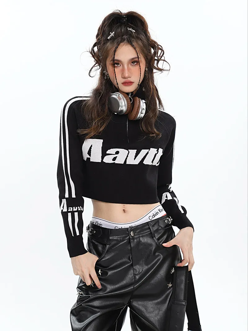 Aavtb Graphic Letter Long Sleeve Knitted Cropped Sweater Top