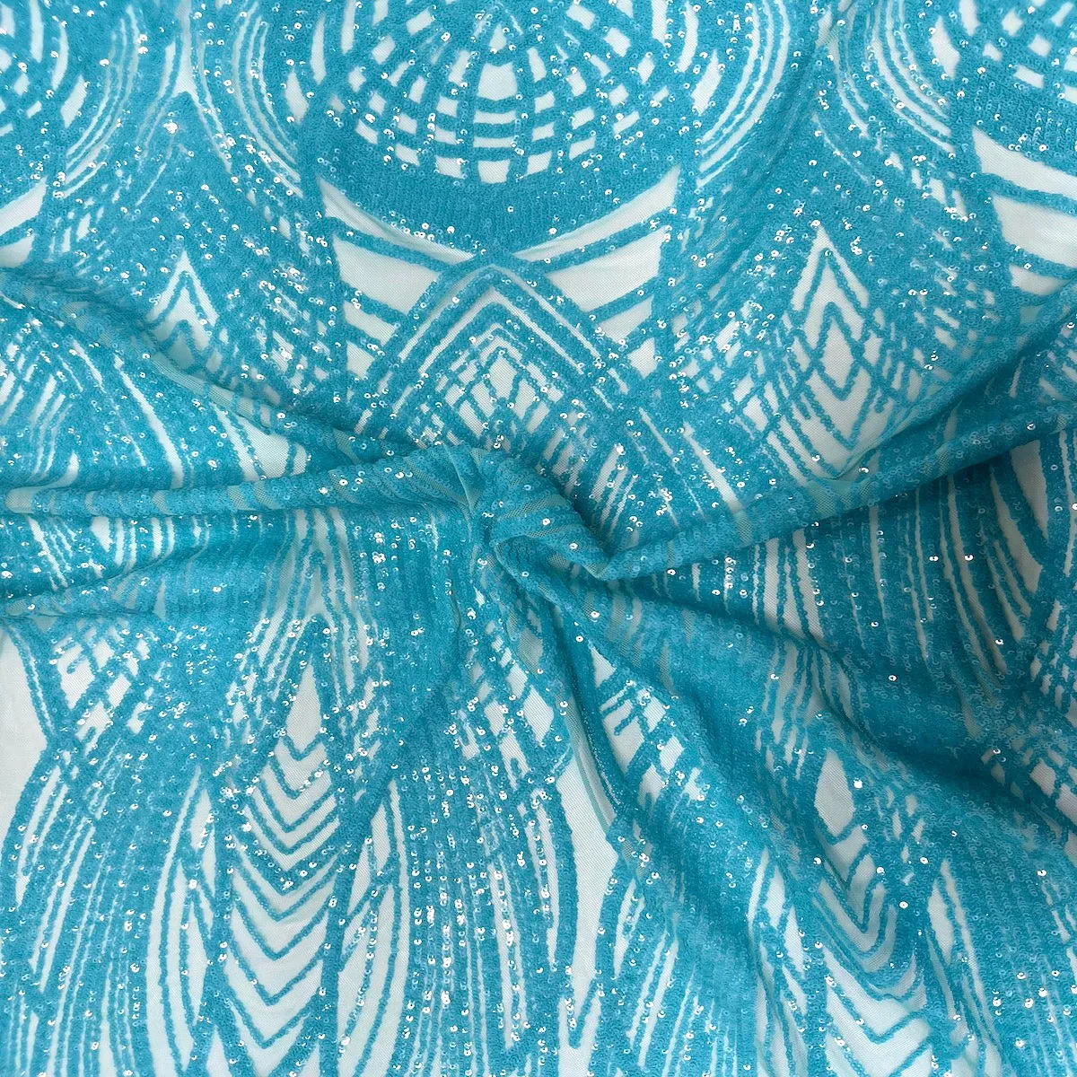 Aqua Blue Selena Wave Stretch Sequins Lace Fabric