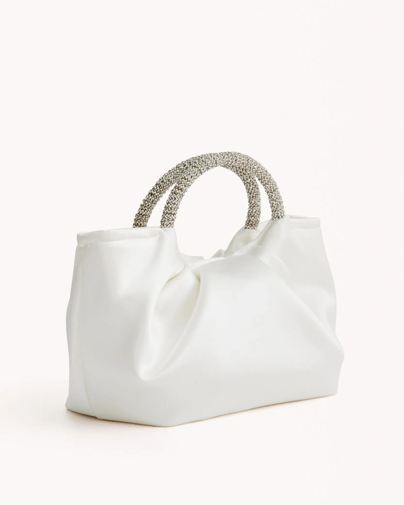 AURELIA HANDLE BAG - WHITE SATIN-SILVER DIAMANTE