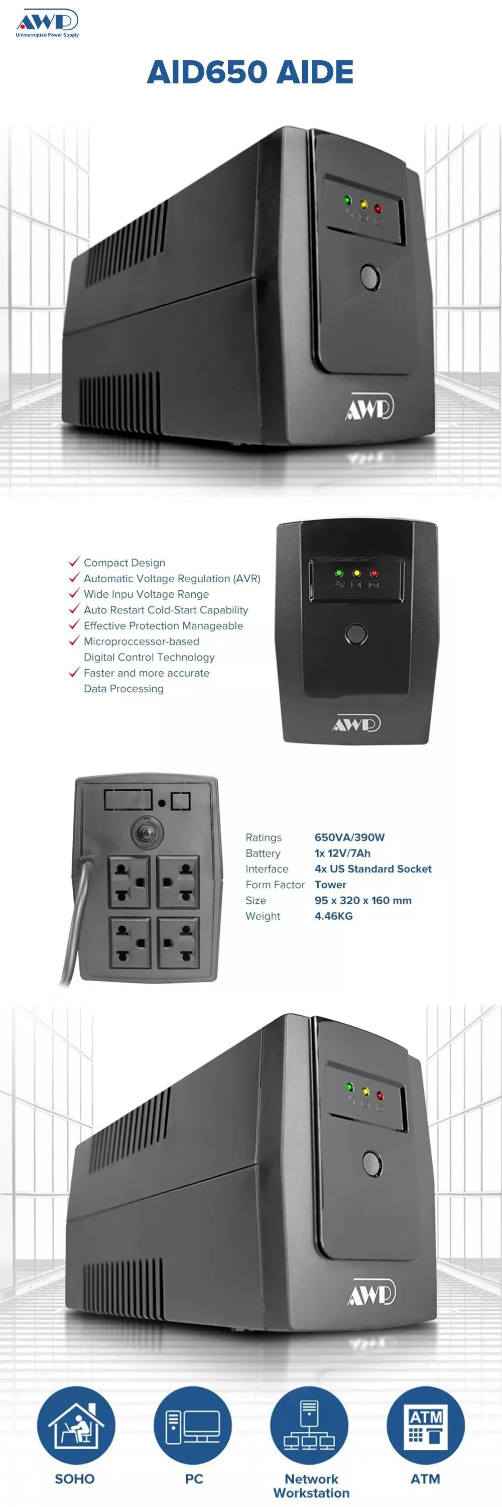 AWP AID650 Aide 390W-650VA with AVR Universal Socket Ups