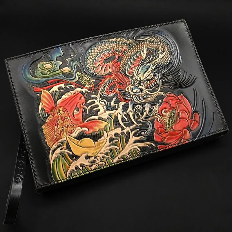 Black Handmade Tooled Leather Chinese Dragon Clutch Wallet Wristlet Bag Clutch Purse For Men