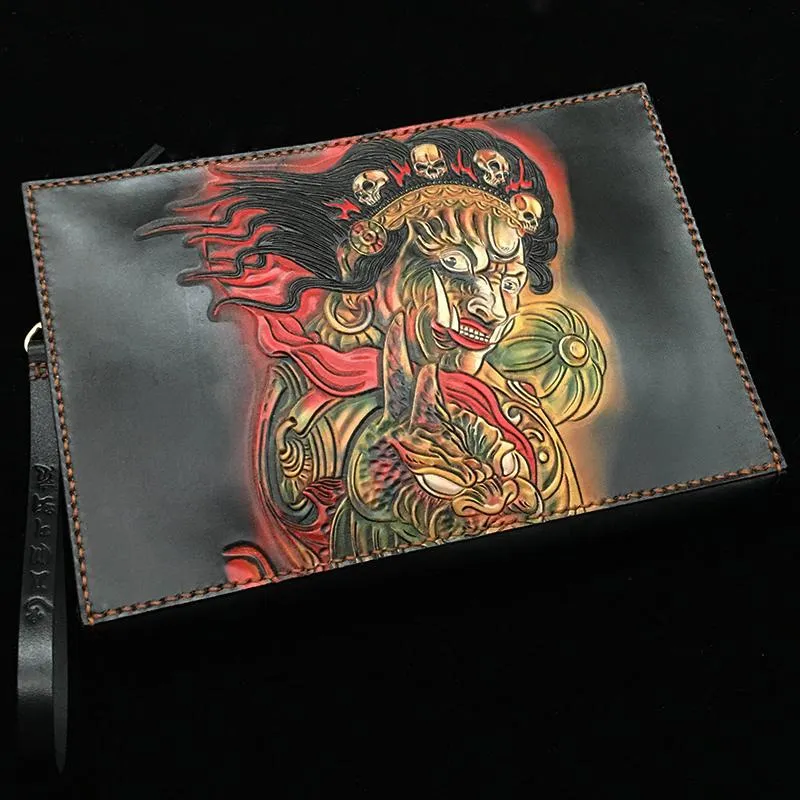 Black Handmade Tooled Leather Chinese Dragon Clutch Wallet Wristlet Bag Clutch Purse For Men