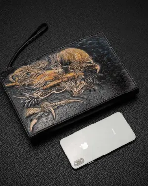 Black Handmade Tooled Leather Chinese Dragon Clutch Wallet Wristlet Bag Clutch Purse For Men