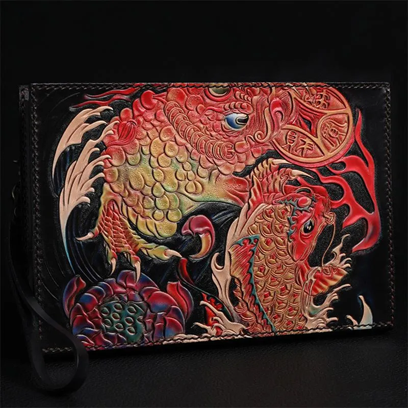 Black Handmade Tooled Leather Chinese Dragon Clutch Wallet Wristlet Bag Clutch Purse For Men