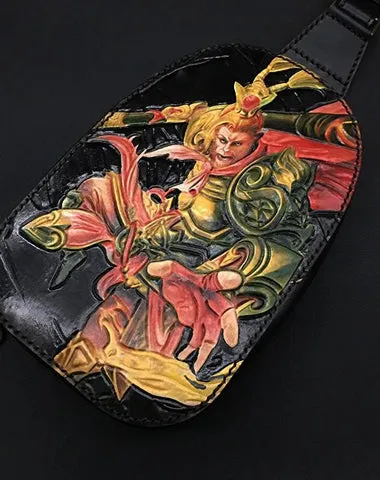 Black Handmade Tooled Leather Monkey King Sling Bag Chest Bag One Shoulder Backpack For Men