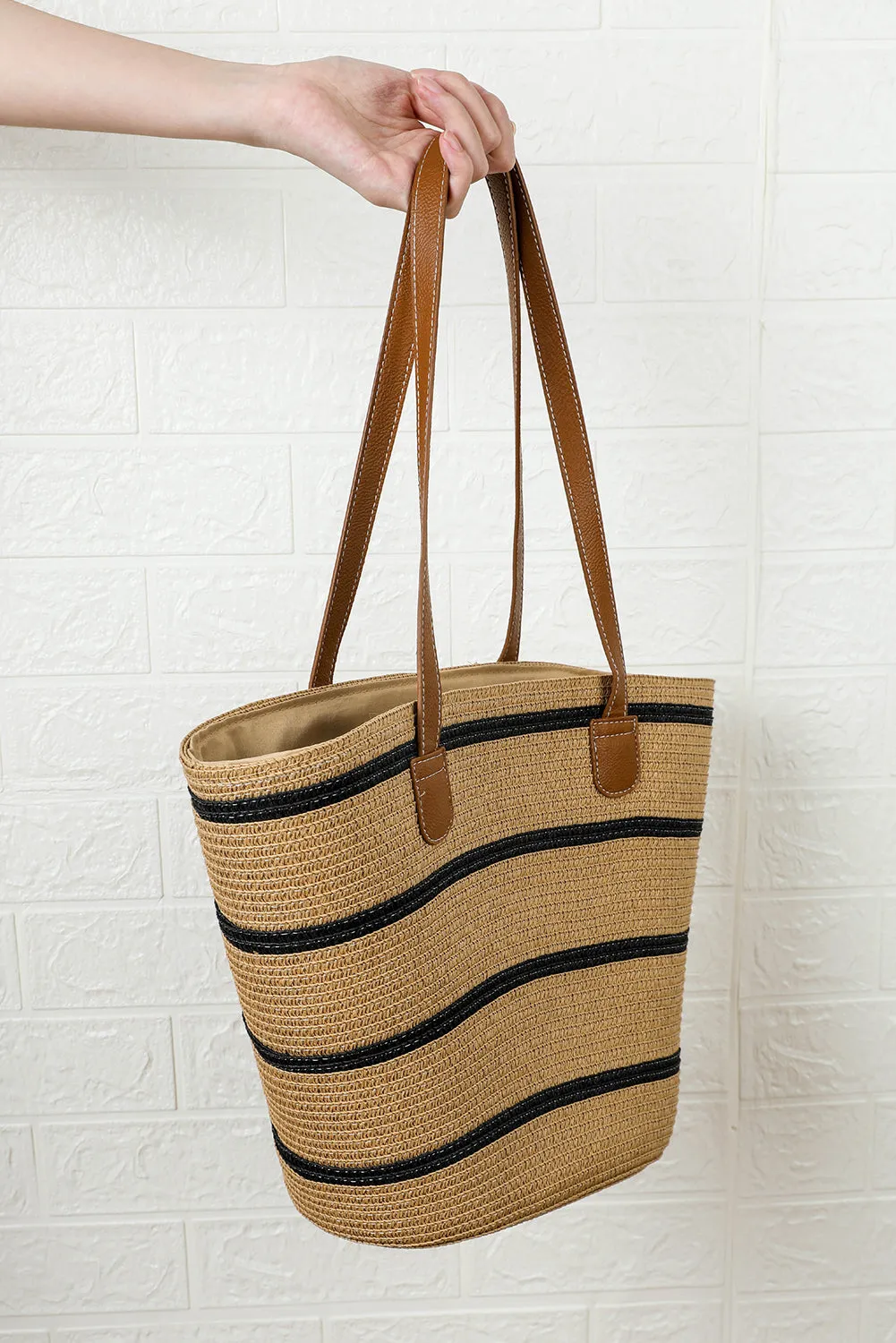 Black Straw Woven Striped Vacation One Shoulder Bag