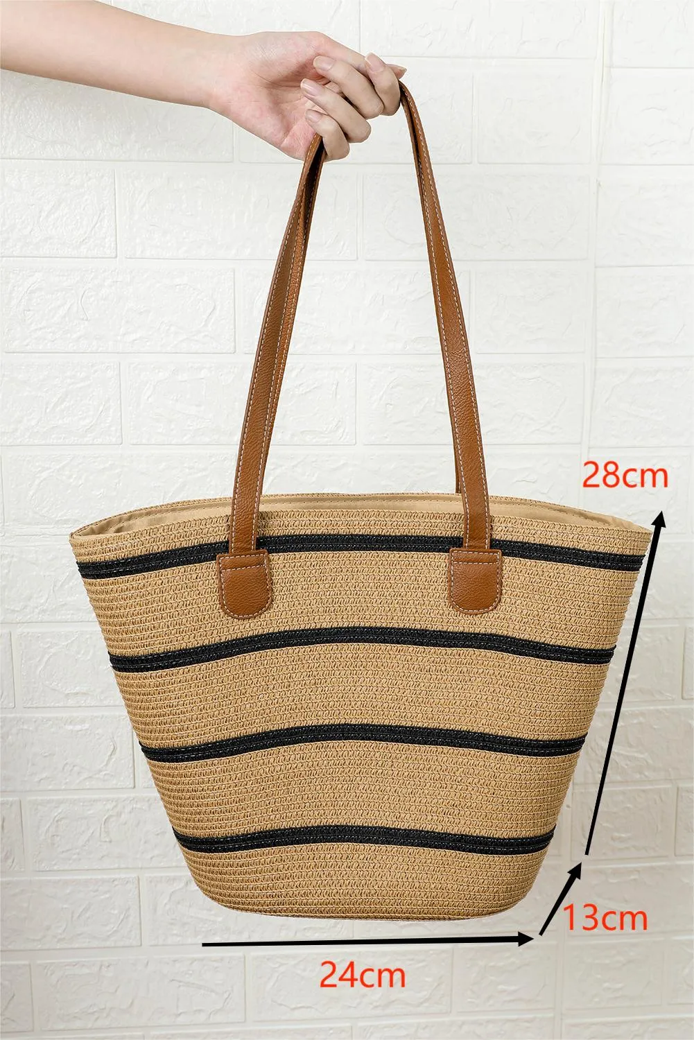 Black Straw Woven Striped Vacation One Shoulder Bag