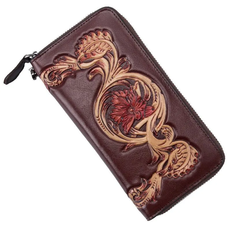 Black Tooled Leather Men's Bifold Long Zipper Wallet Clutch Bag Red For Women