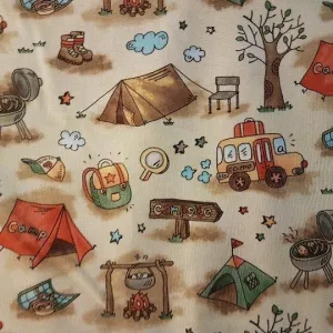 Camping Fabric Campsite with Tents on Cream Background