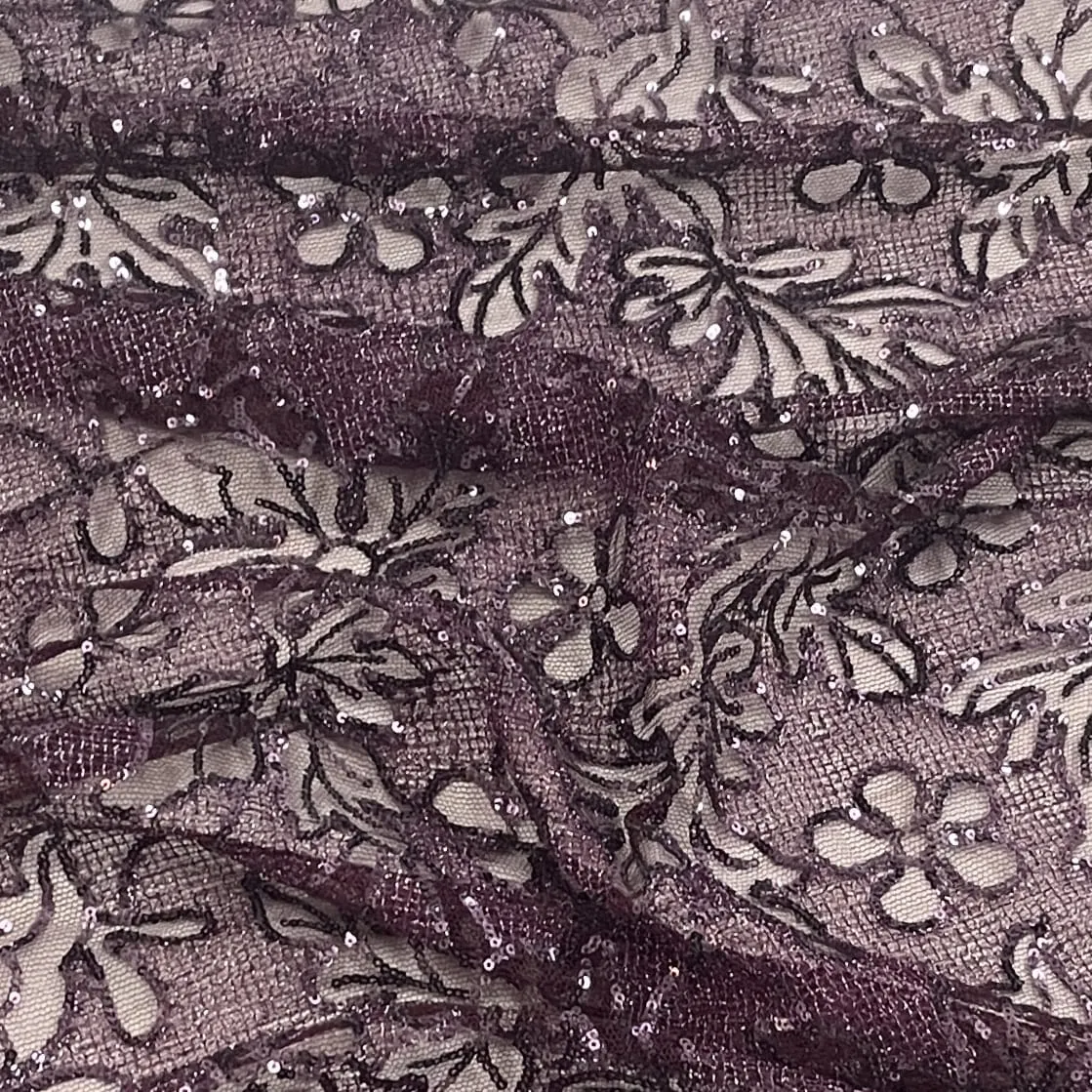 Classic Wine Floral Sequins Embroidery Net Fabric