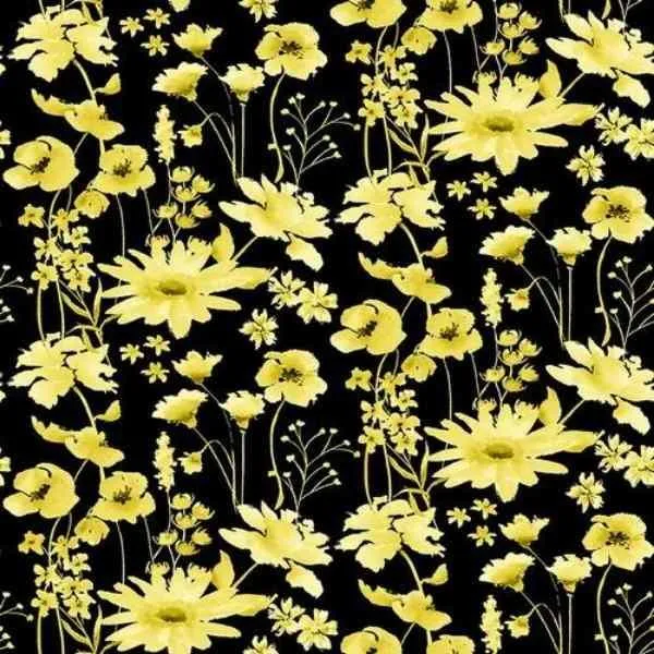 Daisy Black Yellow Quilting Cotton Fabric Misty Morning