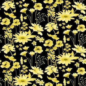 Daisy Black Yellow Quilting Cotton Fabric Misty Morning