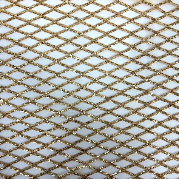 Gold Diamond Pattern Sequins Stretch Mesh Fabric