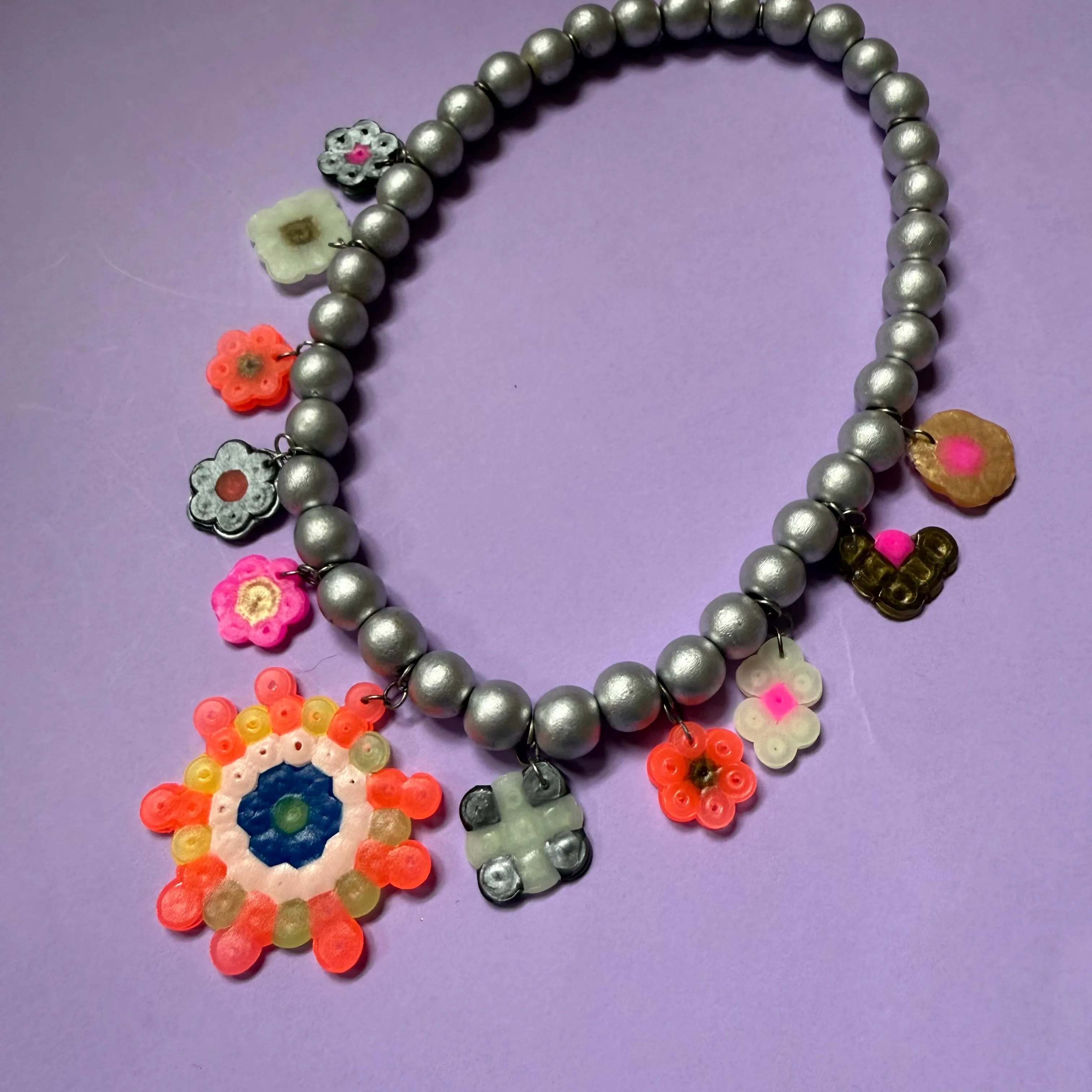 Hama bead charm necklace with wooden beads