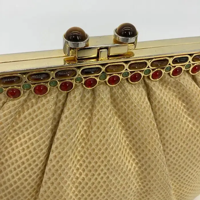 Judith Leiber Beige Lizard Tiger Eye Gemstone Top Clutch