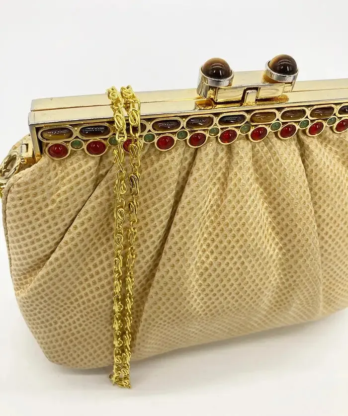 Judith Leiber Beige Lizard Tiger Eye Gemstone Top Clutch