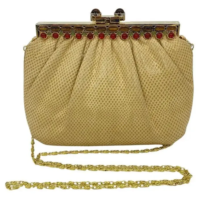 Judith Leiber Beige Lizard Tiger Eye Gemstone Top Clutch