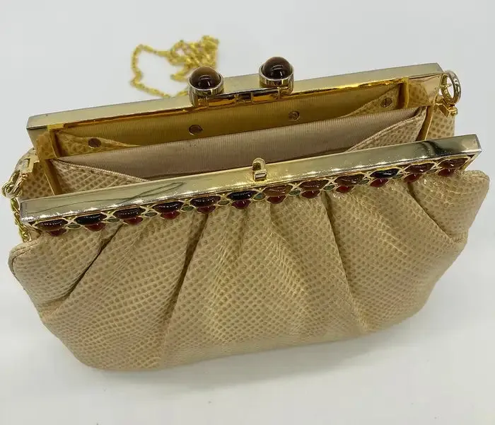 Judith Leiber Beige Lizard Tiger Eye Gemstone Top Clutch