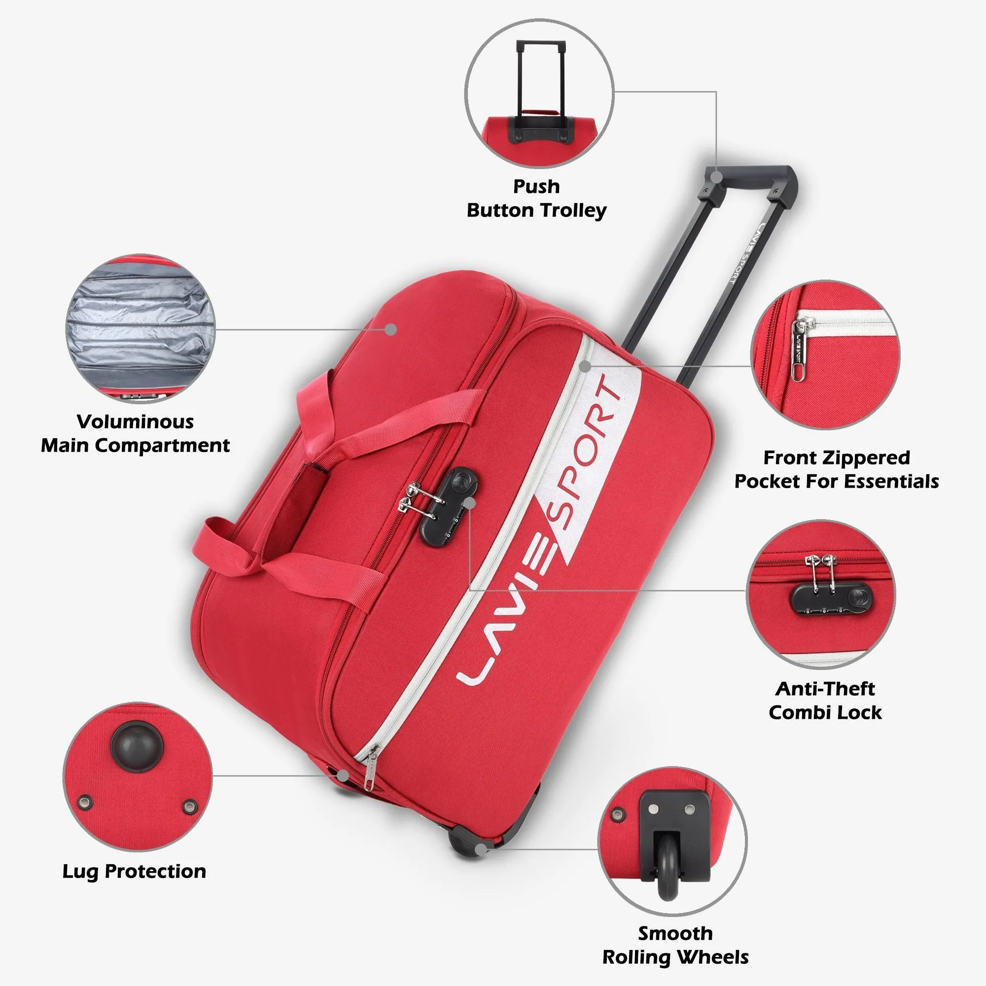 Lavie Sport 53 cms Camelot Wheel Duffle Bag With Combi Lock | Red