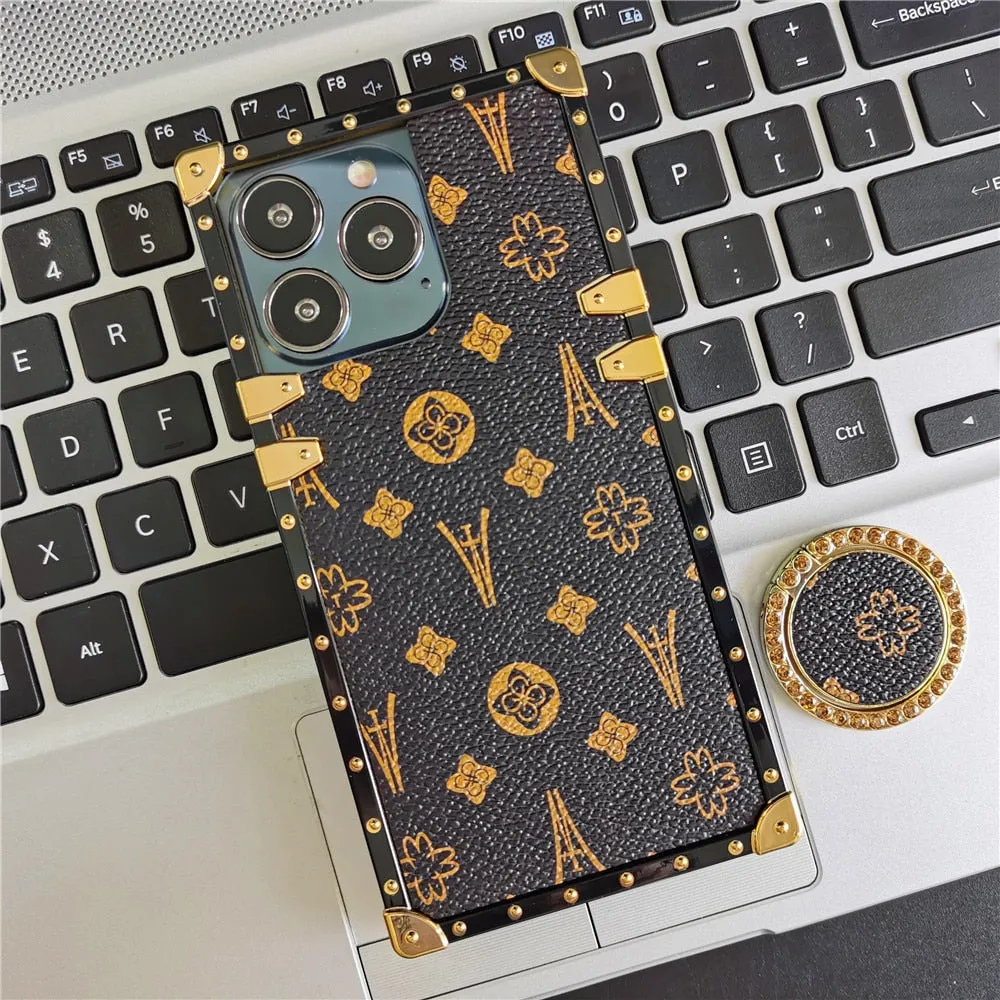 Luxury Flower Geometric Pattern Square Leather Phone Case For iPhone 14 PRO MAX 13 PRO 12 11 X XS XR 6S 7 8 14 Plus Soft Cover