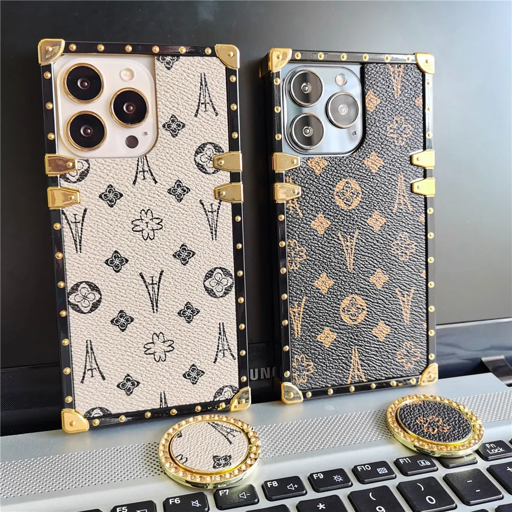 Luxury Flower Geometric Pattern Square Leather Phone Case For iPhone 14 PRO MAX 13 PRO 12 11 X XS XR 6S 7 8 14 Plus Soft Cover