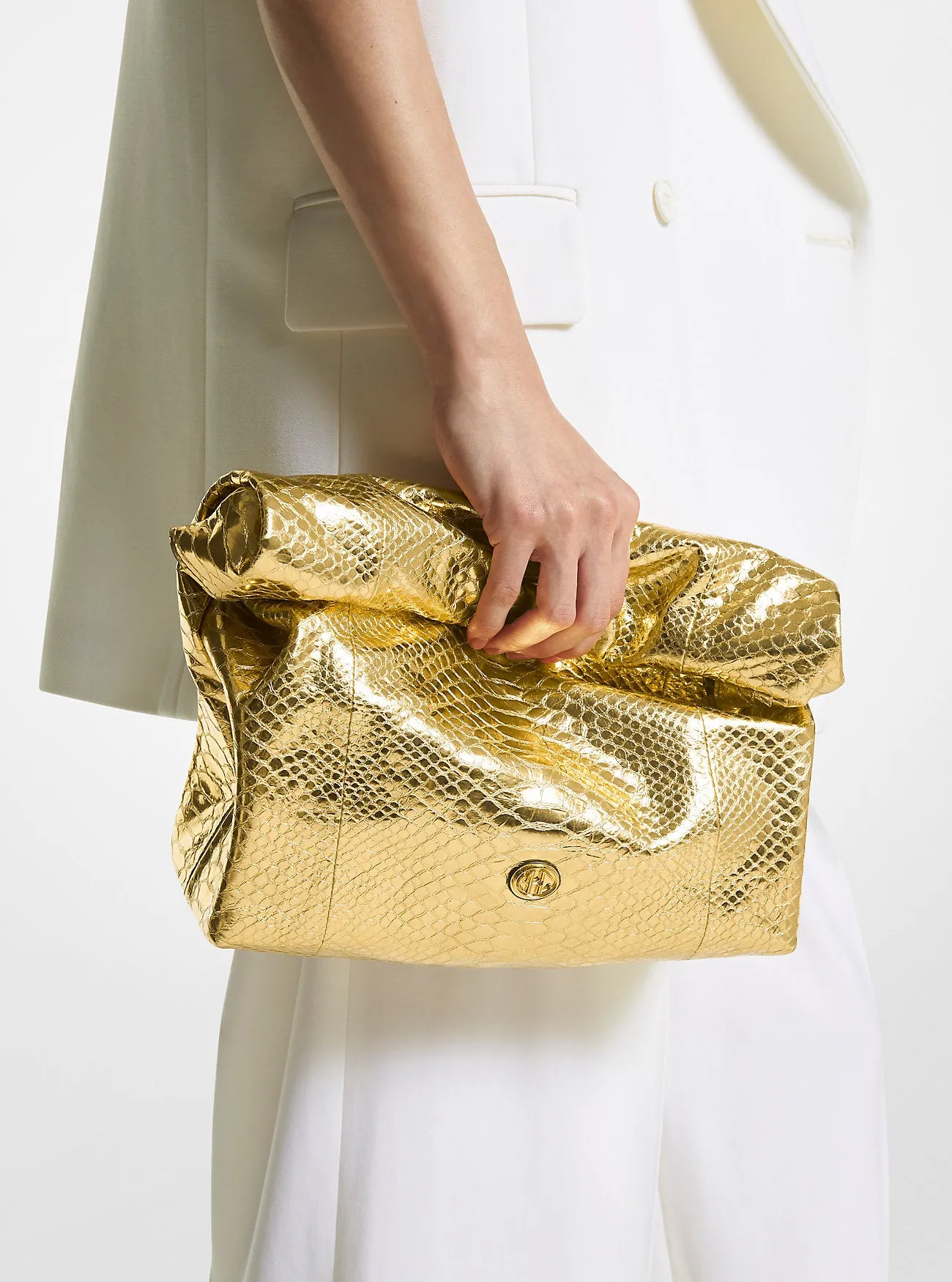 Michael Kors Metallic Monogram and Python Embossed Leather Medium Lunchbox Clutch ,  yellow