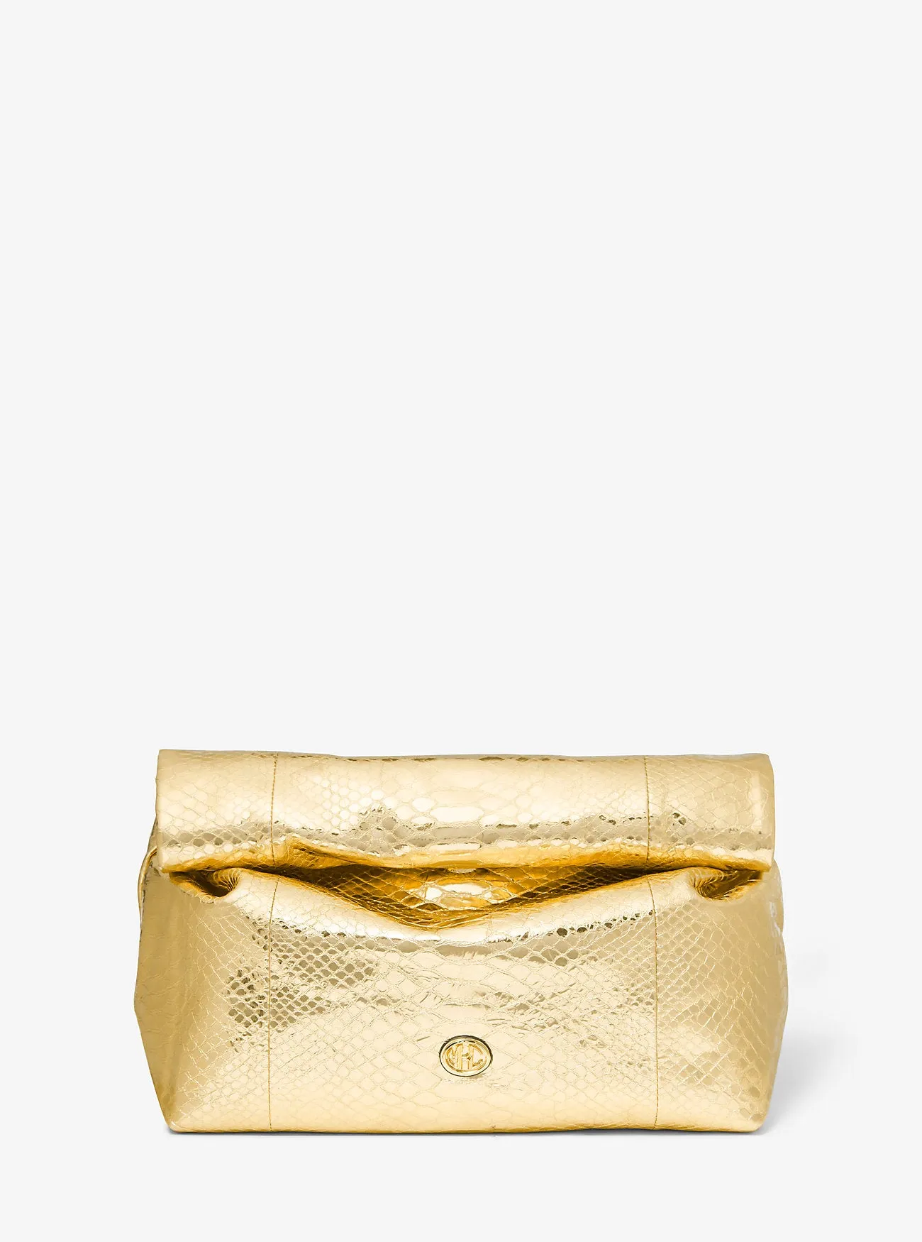 Michael Kors Metallic Monogram and Python Embossed Leather Medium Lunchbox Clutch ,  yellow