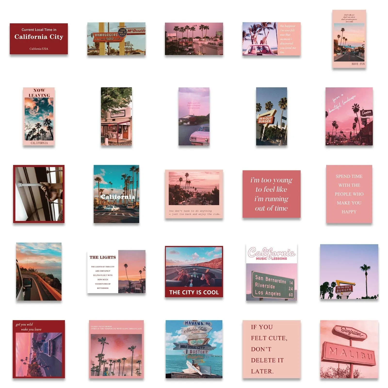 Pink California Street Scenery Stickers Pack - Set of 50