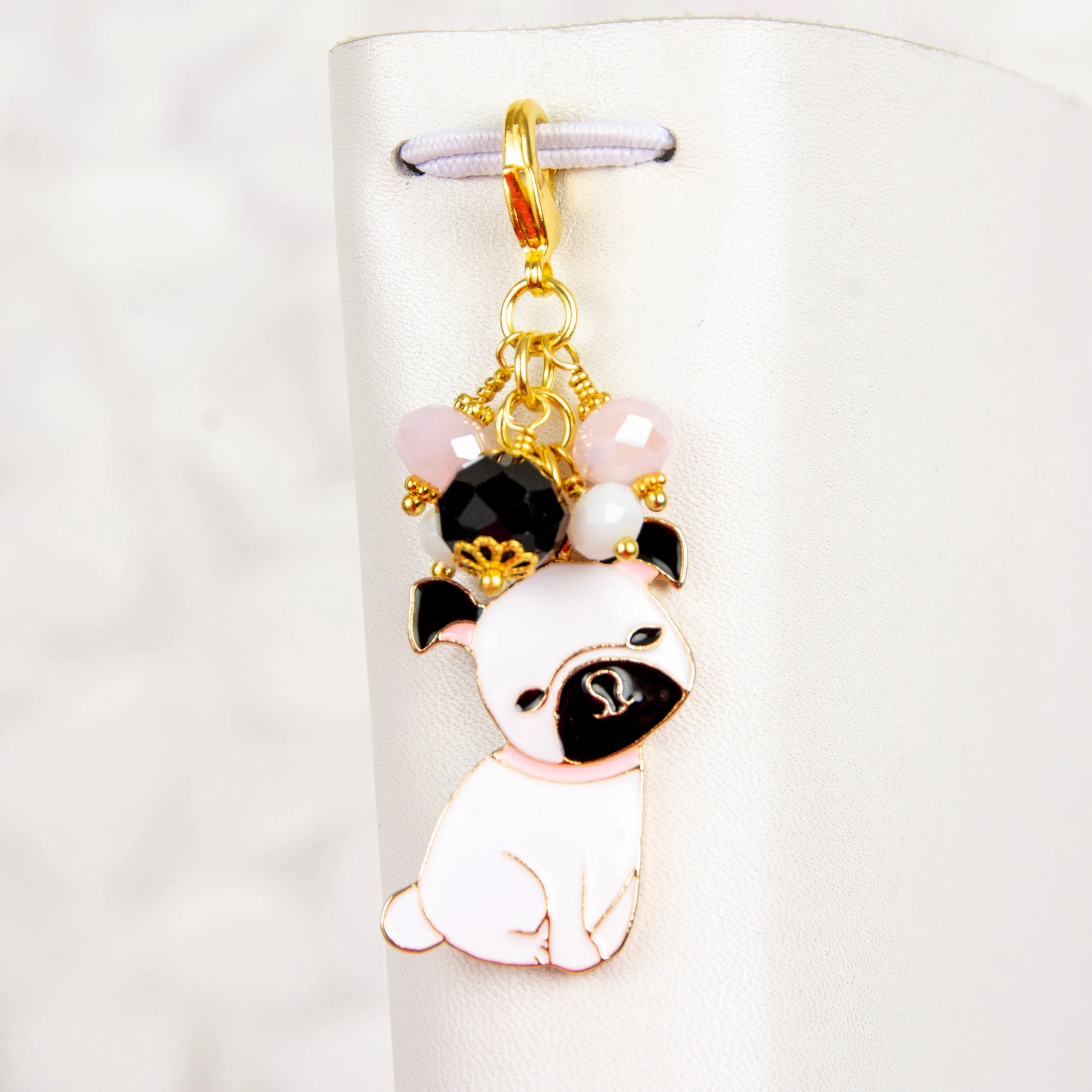 Pug Dog Dangle Clip or Charm with Black, Pink and White Crystals