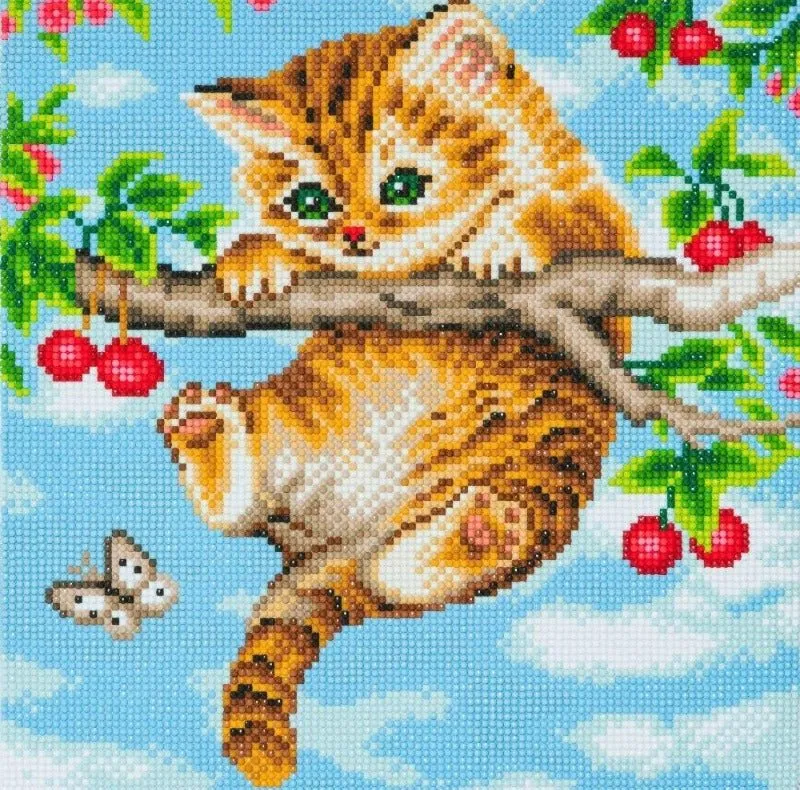 "Cherry Kitten" Crystal Art 30x30cm