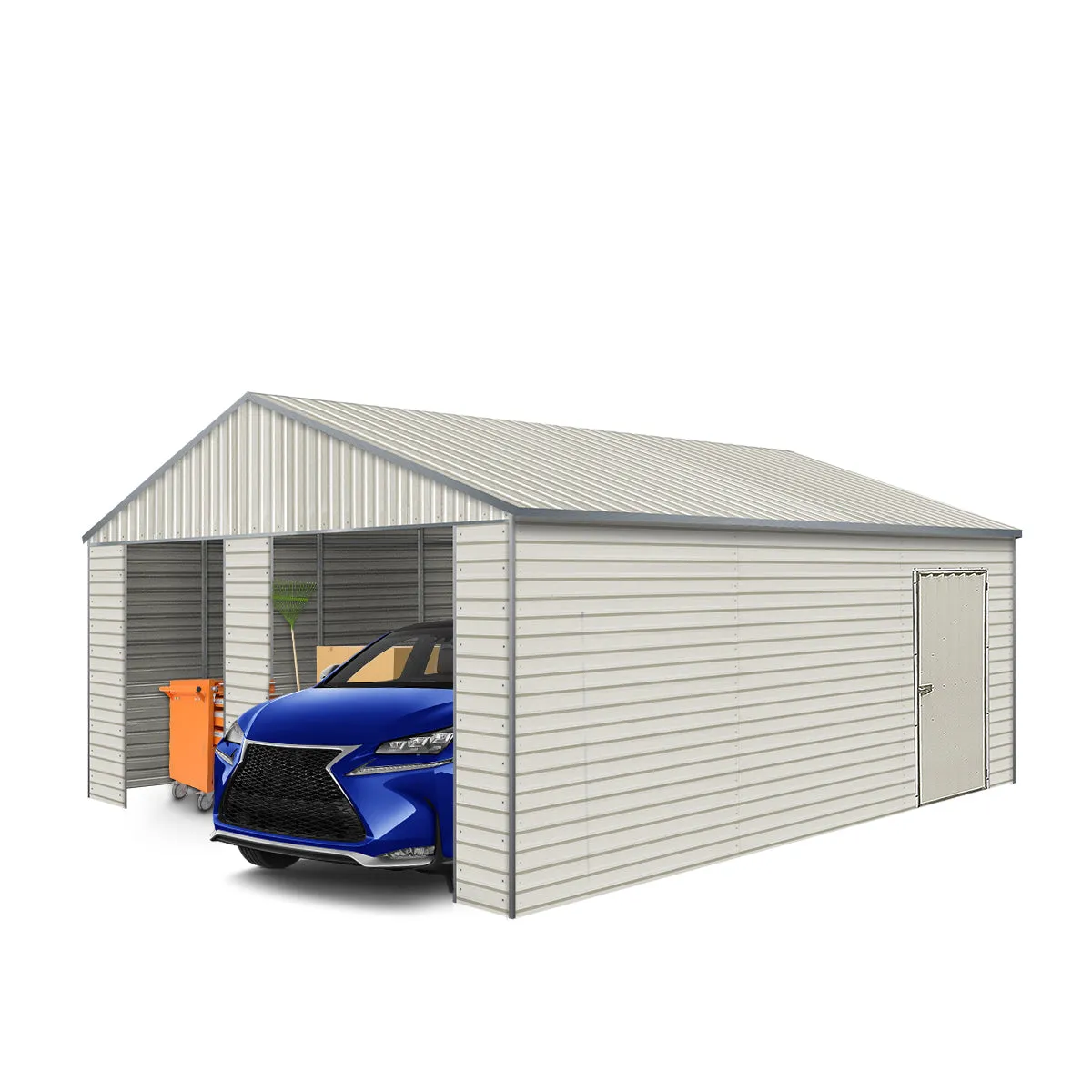 TMG Industrial 21’ x 19’ Double Garage Metal Shed with Side Entry Door, 400 Sq-Ft, 8' Eave Height, 27 GA Corrugated Panels, TMG-MS2119