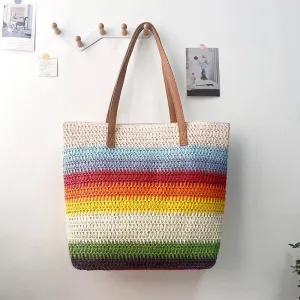 Versatile Shoulder Stripes Paper Straw Woven Bag