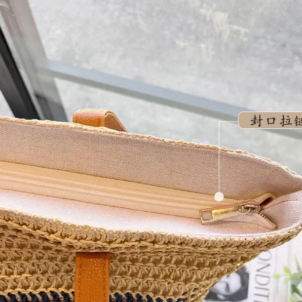 Versatile Shoulder Stripes Paper Straw Woven Bag